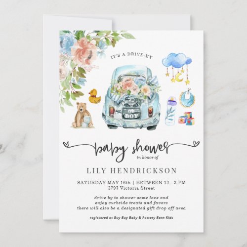 Blue Car  Drive_By Baby Shower Invitation