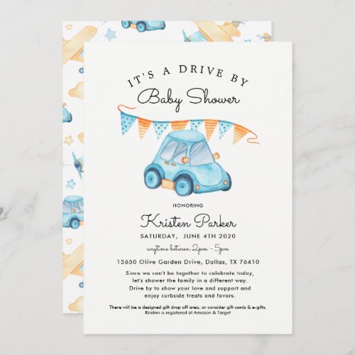 Blue Car Drive By Baby Shower Invitation Boy