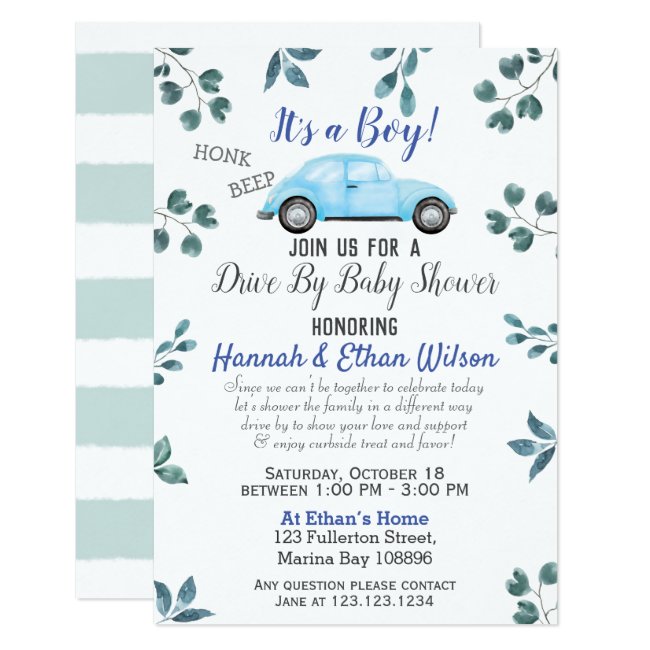 Blue Car & Greenery Drive By Baby Shower Parade Invitation