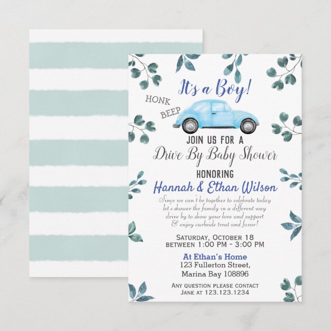 Blue Car & Greenery Drive By Baby Shower Parade Invitation (Front/Back)