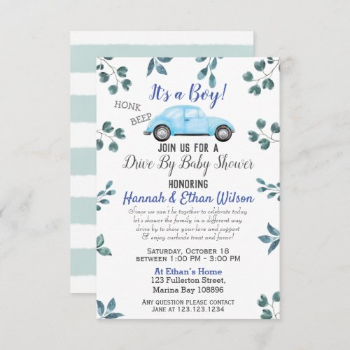 Blue Car  Greenery Drive By Baby Shower Parade Invitation