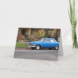 Blue Car in Small Town Birthday Card, Customizable Card