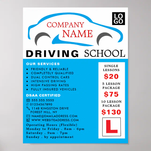 Blue Car Logo, Driving School, Instructor Advert Poster | Zazzle
