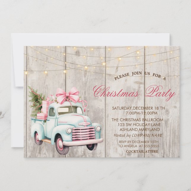 Blue Car Pine Tree Wood Christmas Party Invitation (Front)
