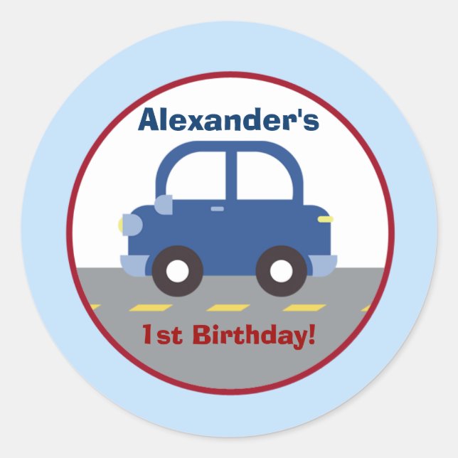 Blue Car Town Round Custom Favor Sticker (Front)