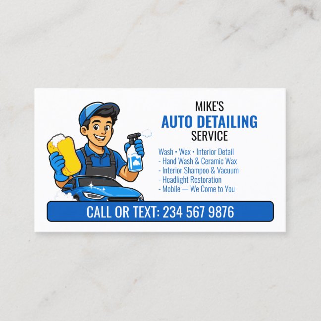 Blue Car Wash Cartoon Man QR Auto Detailing Business Card