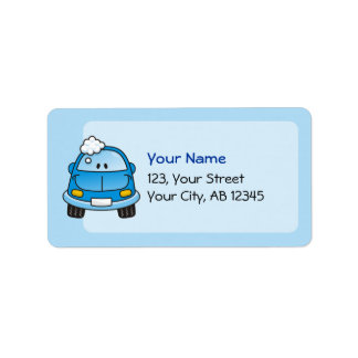 Blue car with bubbles label