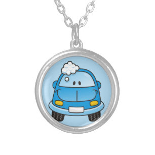 Blue car with bubbles silver plated necklace