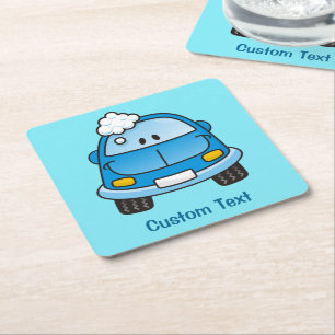 Blue car with bubbles square paper coaster