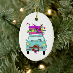 Blue Car with Christmas Gifts Ceramic Ornament