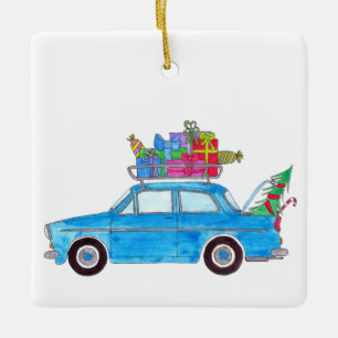 Blue Car with Christmas Gifts Watercolor Ceramic Ornament