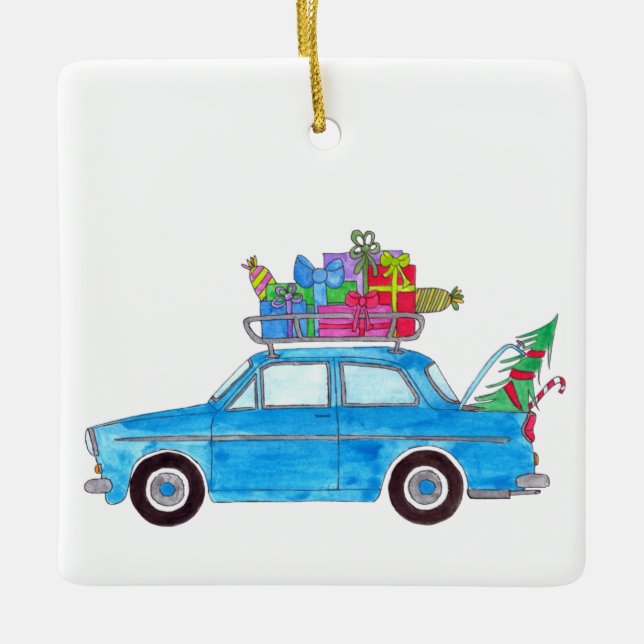 Blue Car with Christmas Gifts Watercolor Ceramic Ornament (Front)