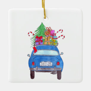 Blue Car with Christmas Gifts Watercolor Ceramic Ornament