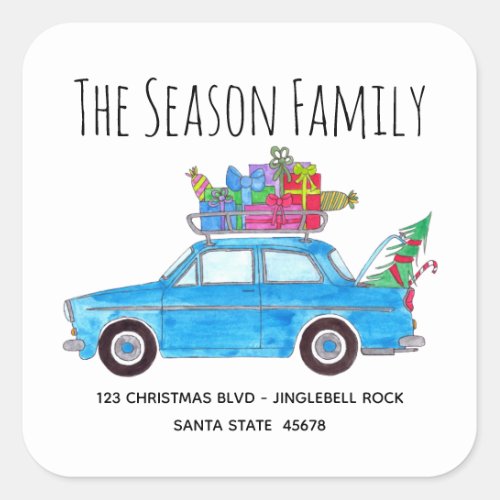 Blue Car with Christmas Gifts Watercolor Square Sticker
