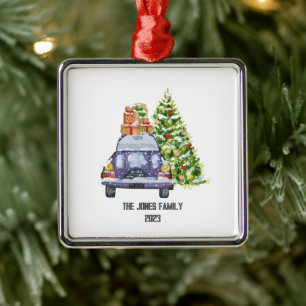 Blue Car with Christmas Presents atop and Tree Metal Ornament