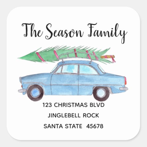 Blue Car with  Christmas tree Watercolor Square Sticker