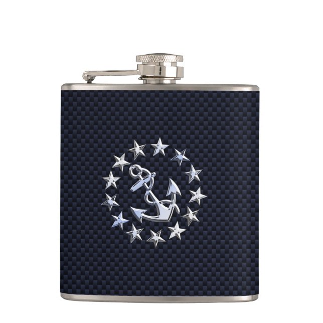 Blue Carbon Fiber Nautical Chrome Yacht Flag Print Hip Flask (Front)