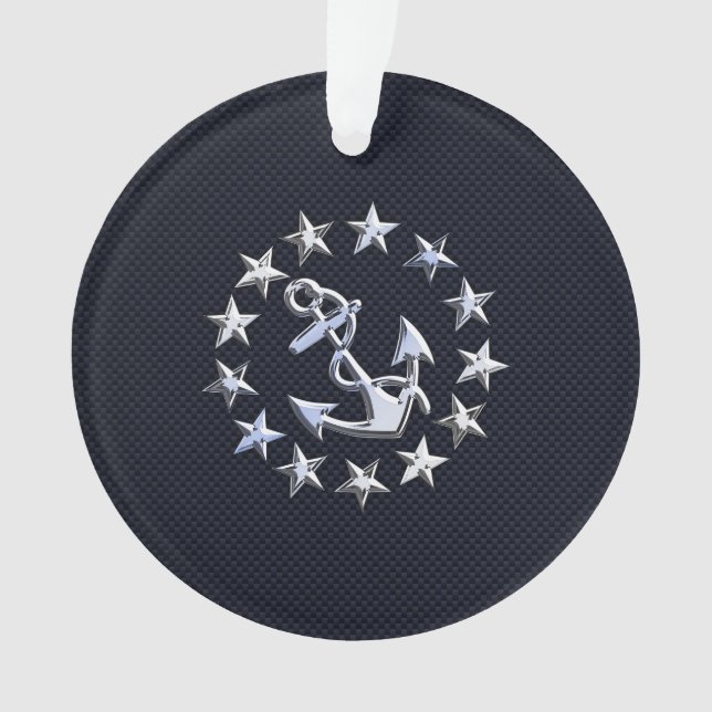 Blue Carbon Fiber Nautical Chrome Yacht Flag Print Ornament (Front)