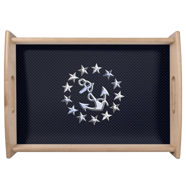 Blue Carbon Fiber Nautical Chrome Yacht Flag Print Serving Tray (Front)