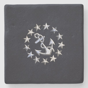 Blue Carbon Fiber Nautical Chrome Yacht Flag Print Stone Coaster