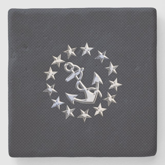 Blue Carbon Fiber Nautical Chrome Yacht Flag Print Stone Coaster (Front)