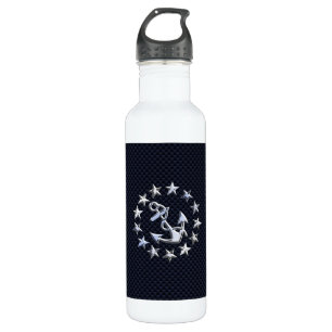 Blue Carbon Fiber Nautical Chrome Yacht Flag Print Water Bottle