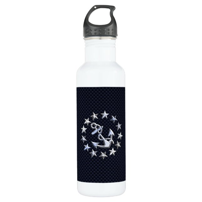 Blue Carbon Fiber Nautical Chrome Yacht Flag Print Water Bottle (Front)