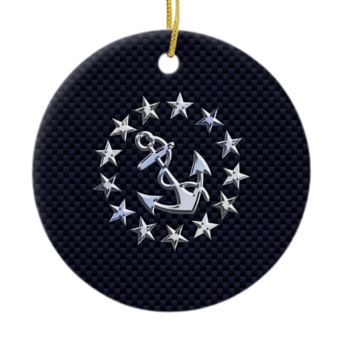 Blue Carbon Style Nautical Chrome Yacht Flag Print Ceramic Ornament