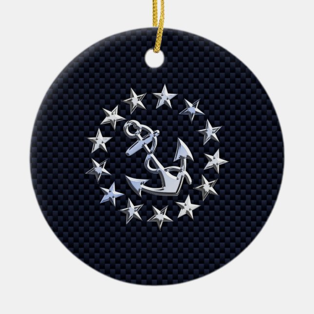 Blue Carbon Style Nautical Chrome Yacht Flag Print Ceramic Ornament (Front)