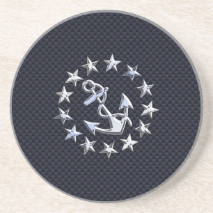 Blue Carbon Style Nautical Chrome Yacht Flag Print Drink Coaster