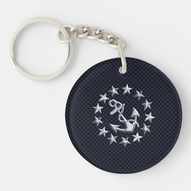 Blue Carbon Style Nautical Chrome Yacht Flag Print Keychain (Front)