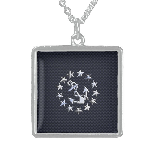 Blue Carbon Style Nautical Chrome Yacht Flag Print Sterling Silver Necklace (Front)