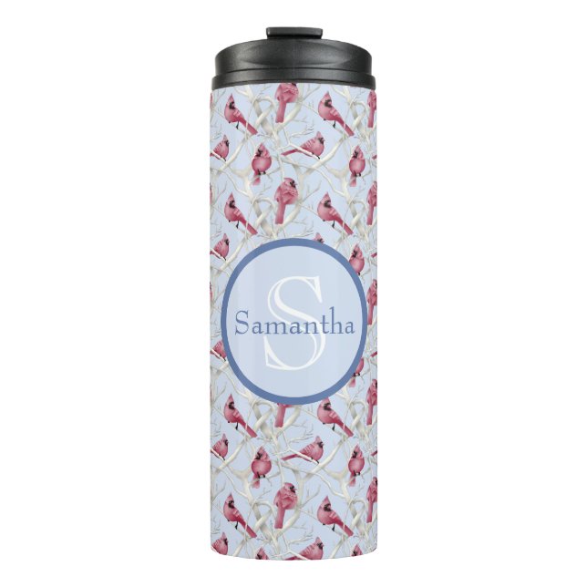Blue Cardinal Birds Personalized Monogram Name Thermal Tumbler (Front)