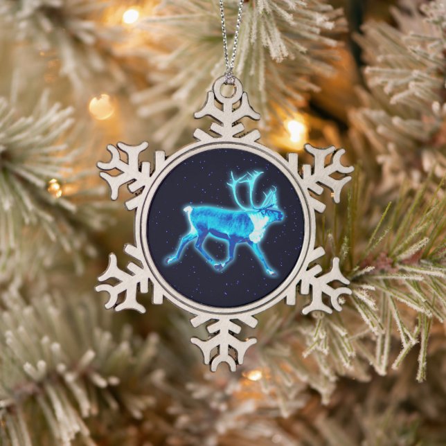 Blue Caribou (Reindeer) Snowflake Pewter Christmas Ornament (Tree)