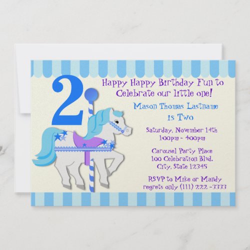 Blue Carousel Pony 2nd Birthday Party Invitation