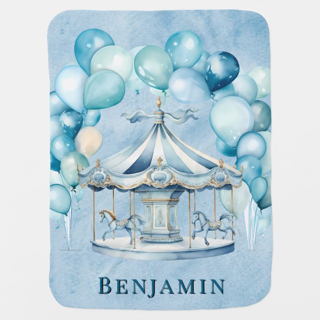 Blue Carousel with Arch Balloons Boy Baby Shower Baby Blanket (Front)