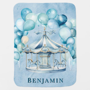 Blue Carousel with Arch Balloons Boy Baby Shower Blanket