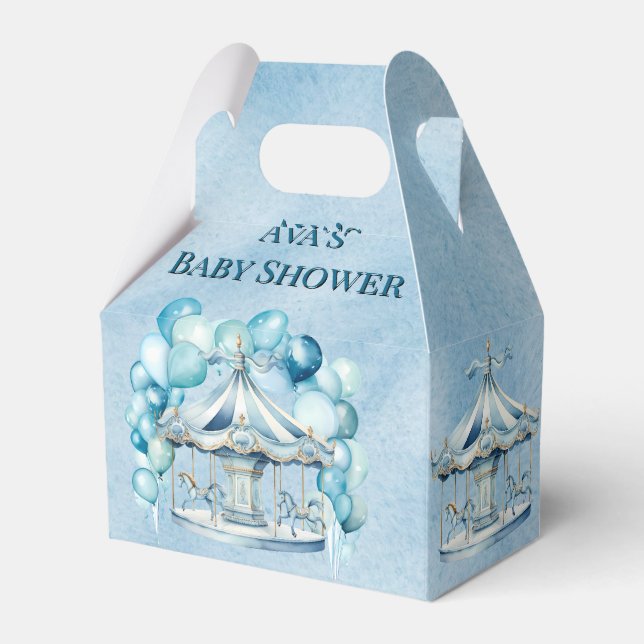Blue Carousel with Arch Balloons Boy Baby Shower Favor Boxes (Front Side)