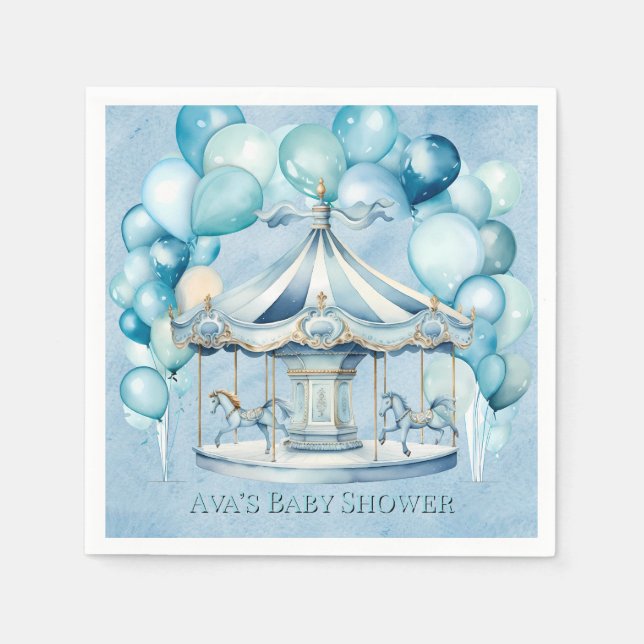 Blue Carousel with Arch Balloons Boy Baby Shower Napkins (Front)