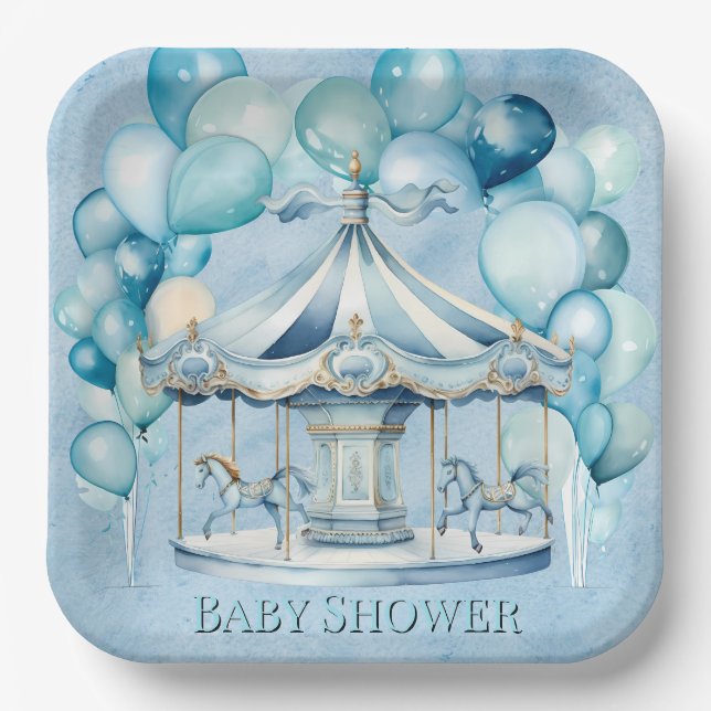Blue Carousel with Arch Balloons Boy Baby Shower Paper Plates (Front)