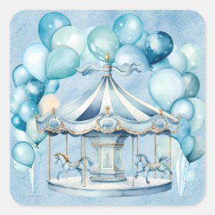 Blue Carousel with Arch Balloons Boy Baby Shower Square Sticker