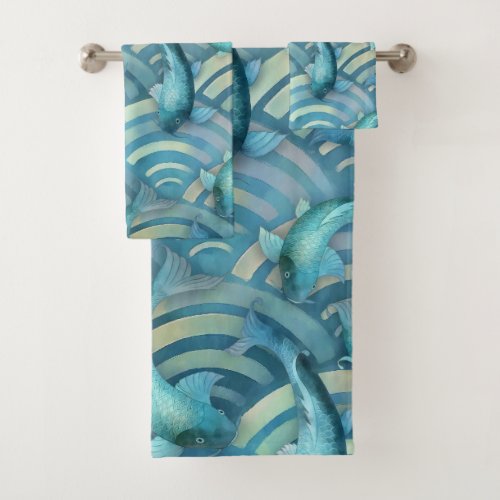 Blue Carp Koi Fish Pattern Bath Towel Set