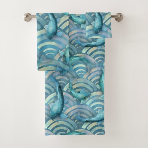 Blue Carp Koi Fish Pattern Bath Towel Set