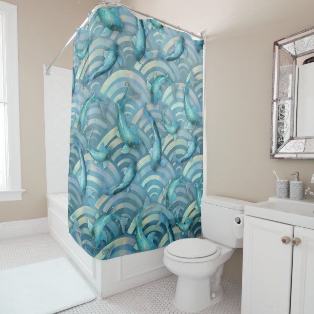 Blue Carp Koi Fish Pattern Shower Curtain (In Situ)
