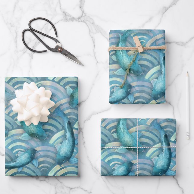 Blue Carp Koi Fish Pattern Wrapping Paper Sheets (Front)