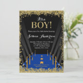 Blue Carpet Hollywood Faux Glitter Boy Baby Shower Invitation (Standing Front)