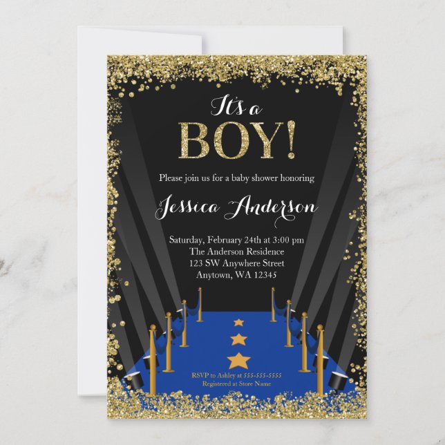 Blue Carpet Hollywood Faux Glitter Boy Baby Shower Invitation (Front)