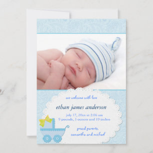 Blue Carriage Baby Boy Photo Birth Announcement