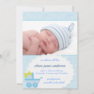 Blue Carriage Baby Boy Photo Birth Announcement