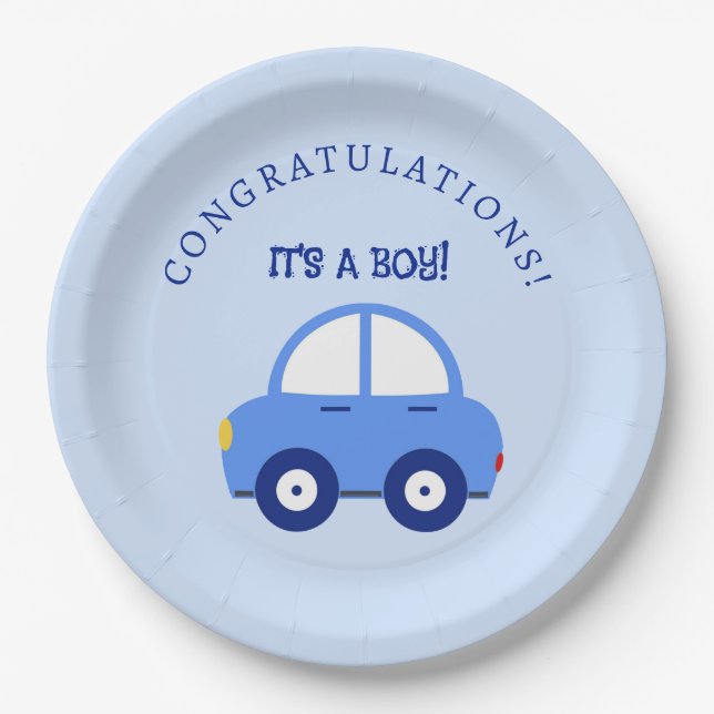 Blue Cars It's a Boy Baby Shower Paper Plates (Front)